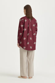Embroidered Shirt Collar Cotton Tunic - Burgundy