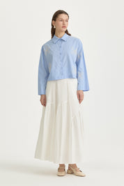 Embroidered Cotton Crop Shirt - Light Blue