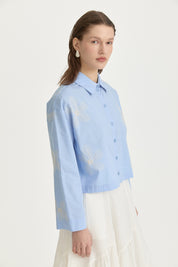 Embroidered Cotton Crop Shirt - Light Blue