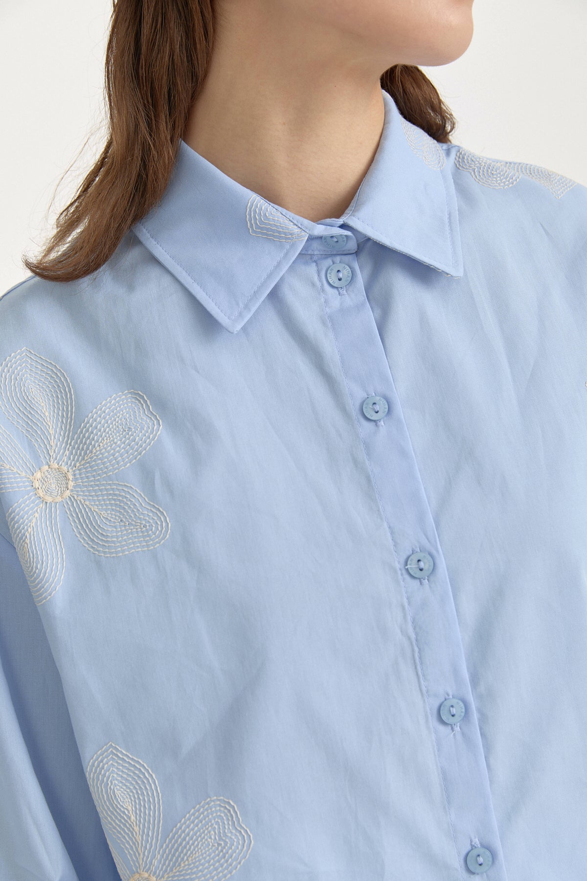 Embroidered Cotton Crop Shirt - Light Blue