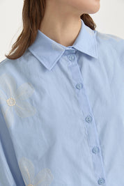 Embroidered Cotton Crop Shirt - Light Blue
