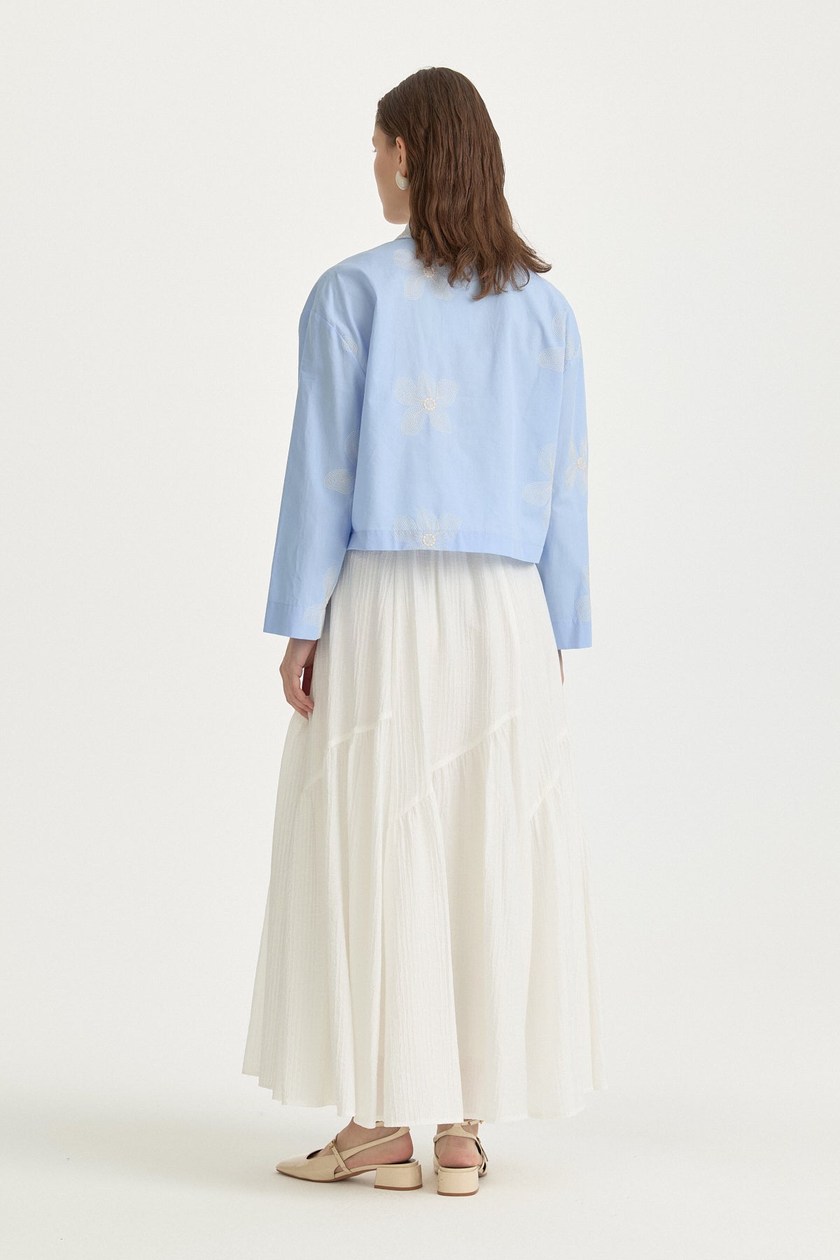 Embroidered Cotton Crop Shirt - Light Blue