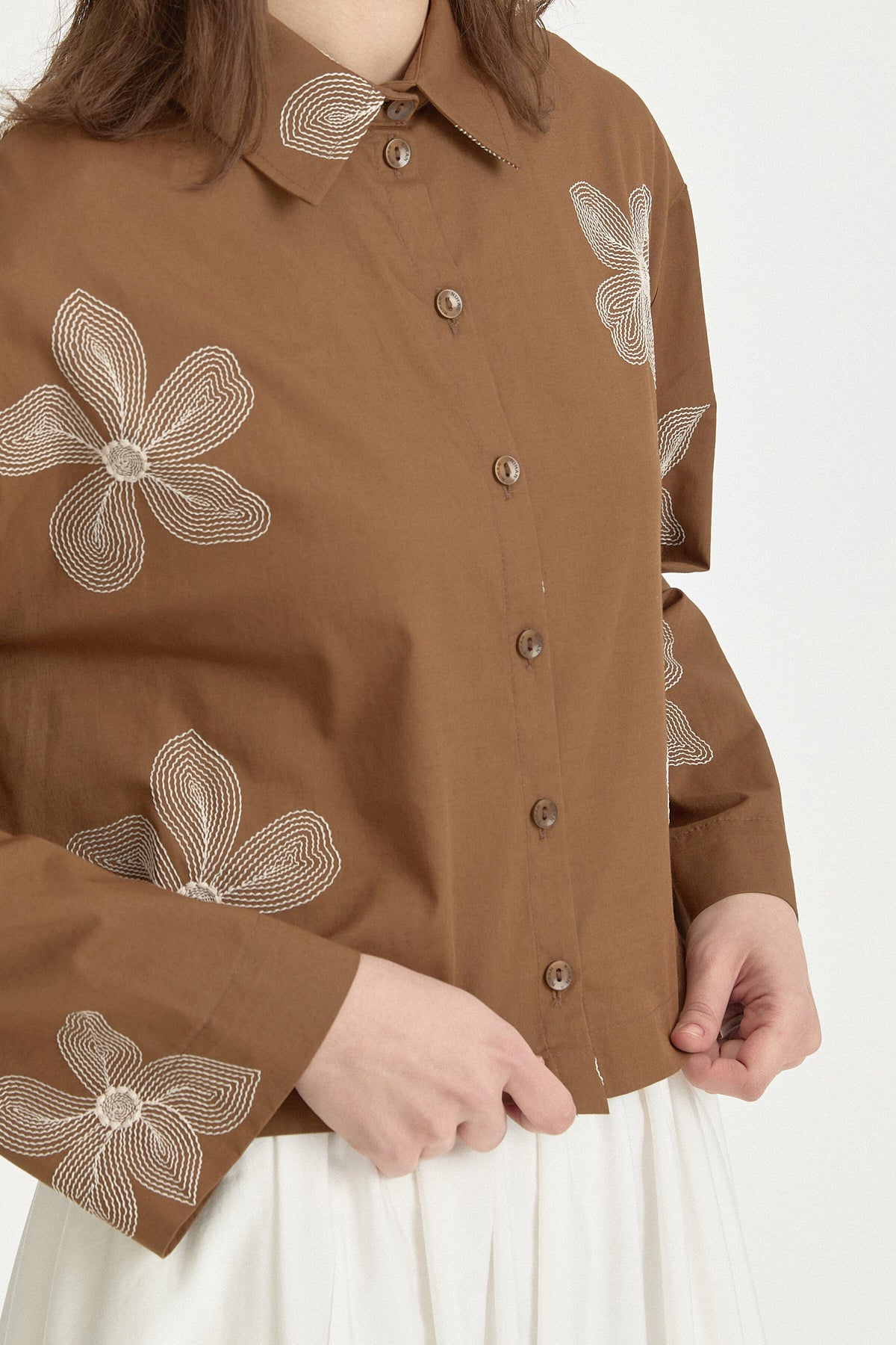 Embroidered Cotton Crop Shirt - Camel