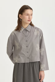 Embroidered Cotton Crop Shirt - Grey