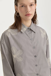 Embroidered Cotton Crop Shirt - Grey