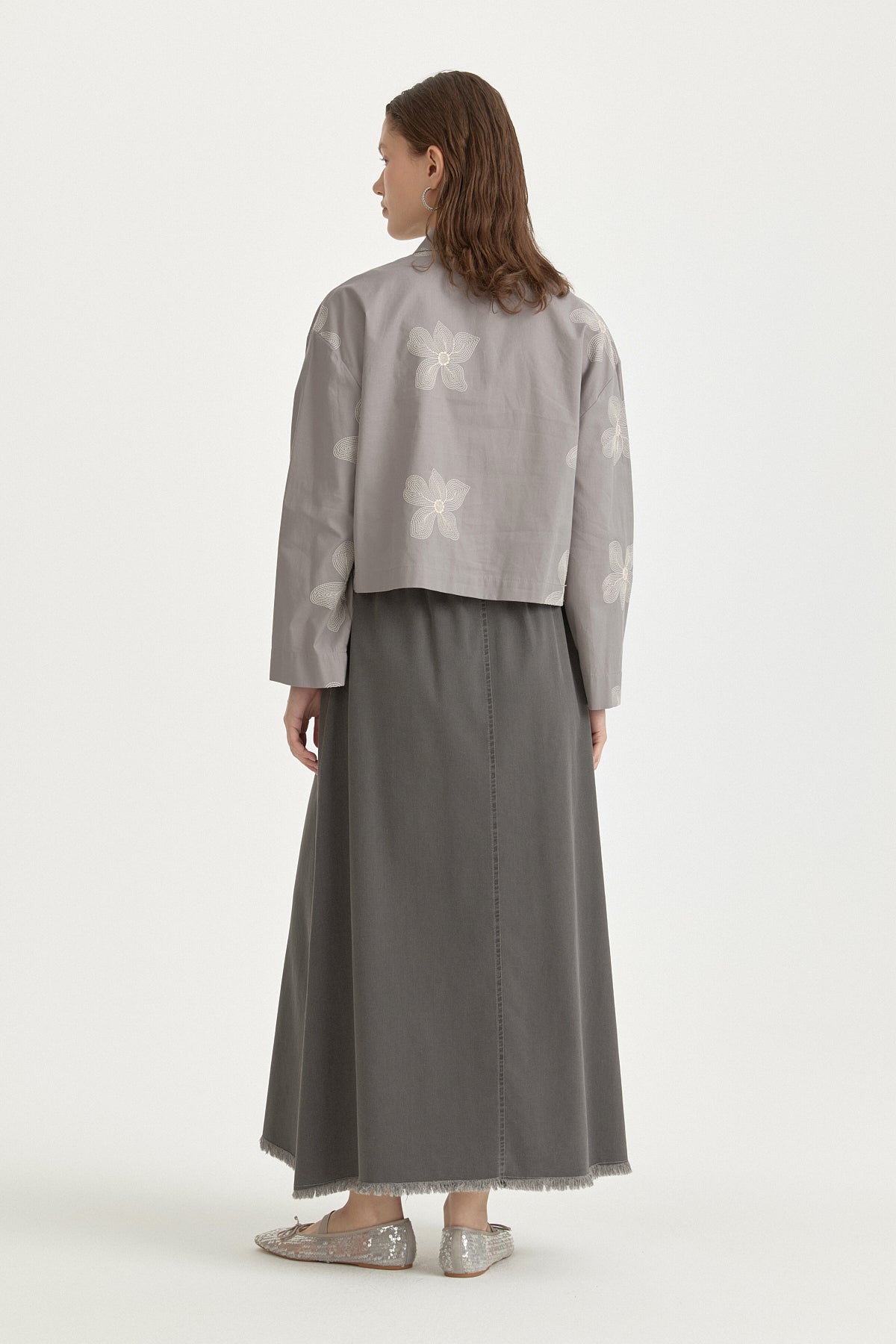Embroidered Cotton Crop Shirt - Grey