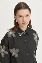 Embroidered Cotton Crop Shirt - Black
