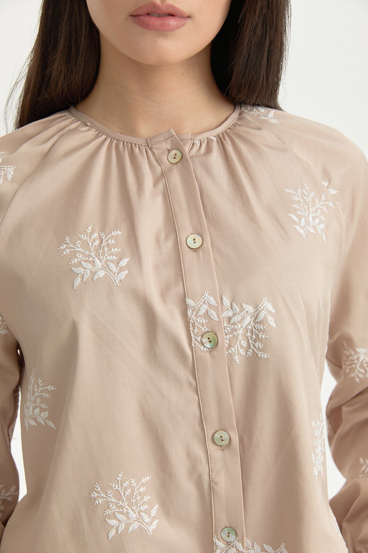 Embroidered Cotton Shirt - Beige
