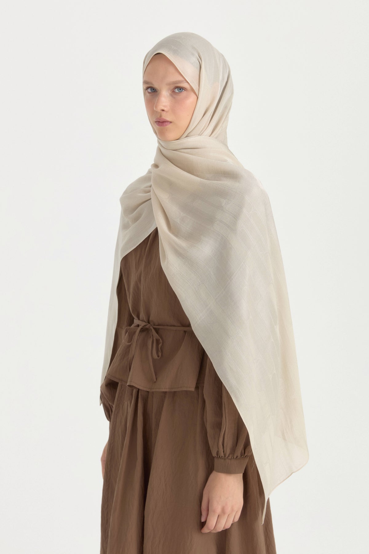 Nara Silky Natural Jacquard Shawl - Stone