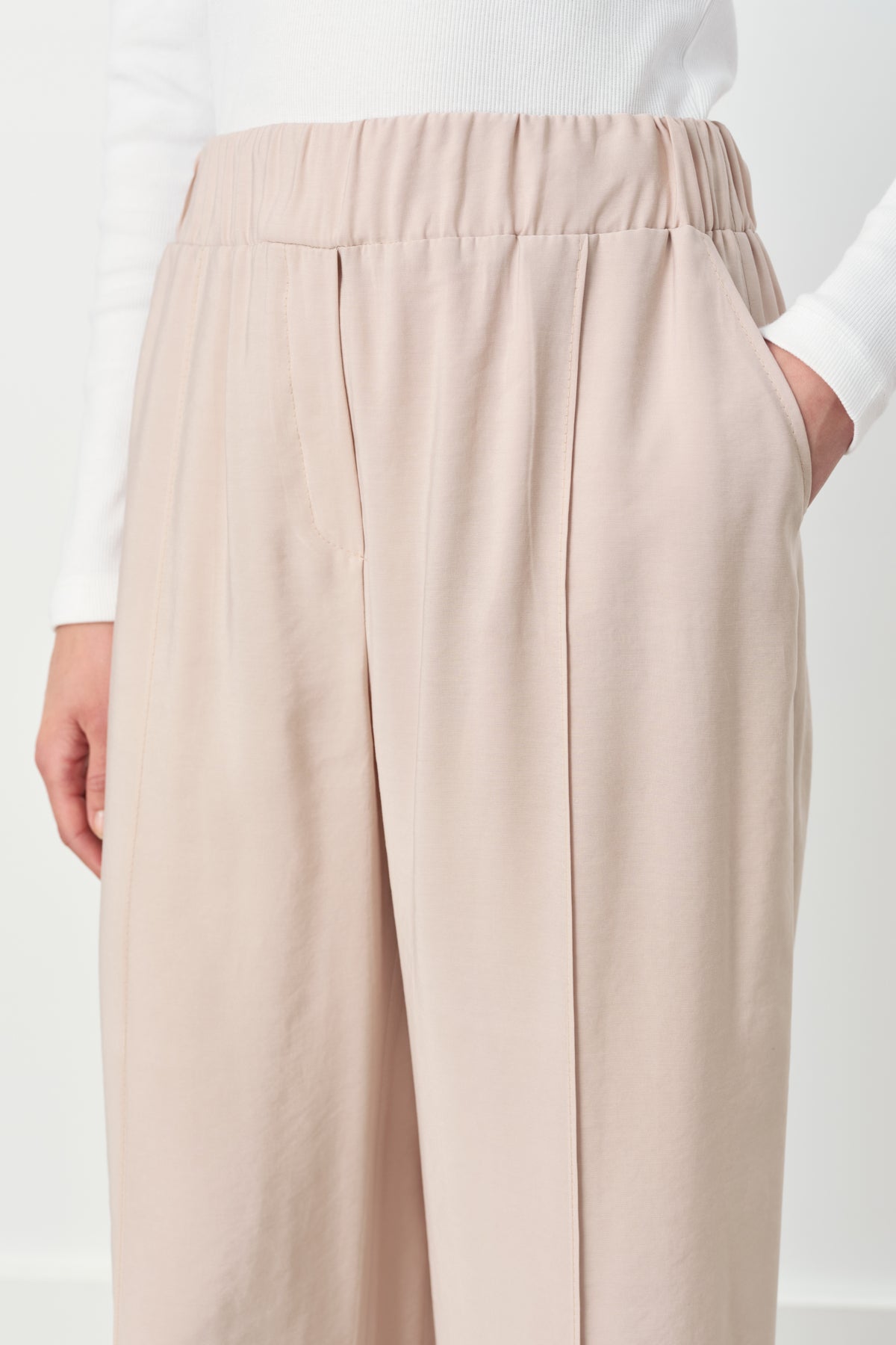 Nervür Detaylı Bol Paça Tencel Modal Pantolon - Bej