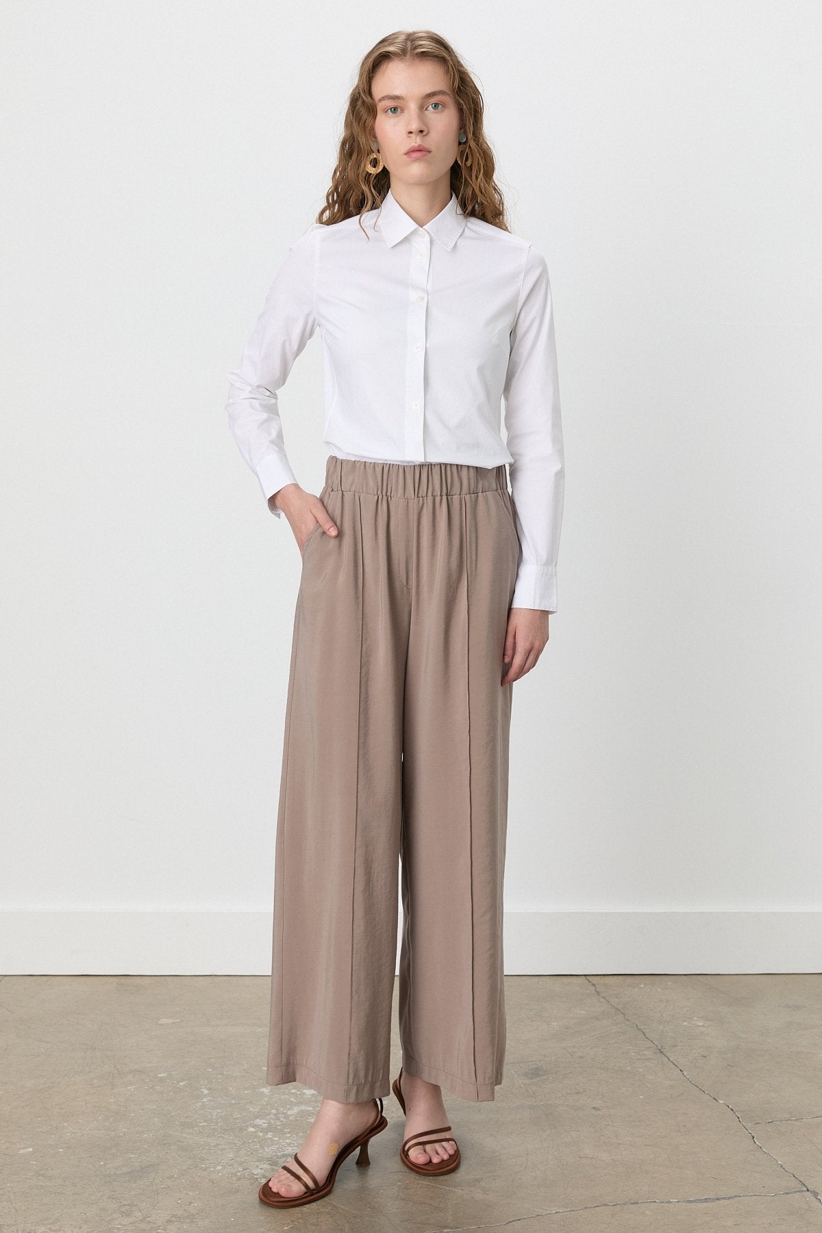 Nervür Detaylı Bol Paça Tencel Modal Pantolon - Vizon
