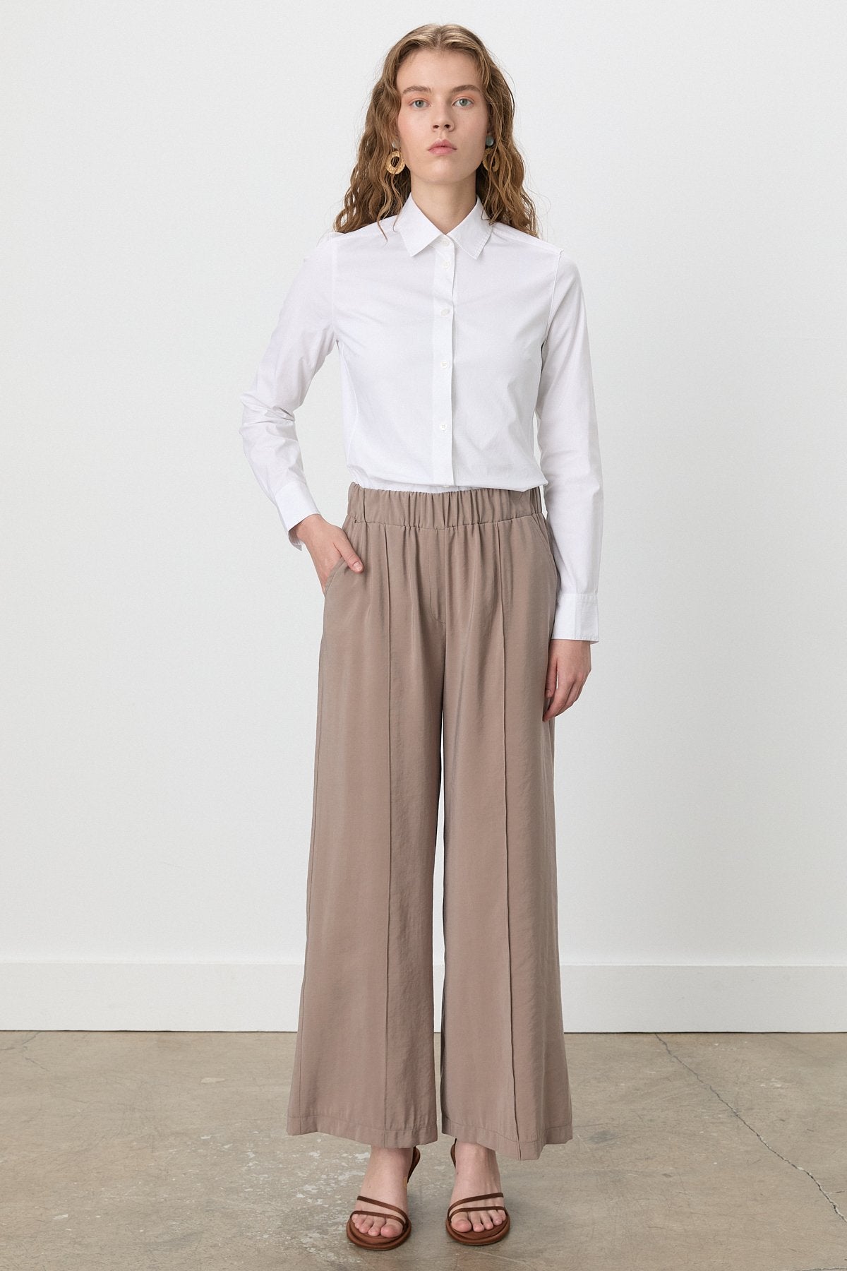 Nervür Detaylı Bol Paça Tencel Modal Pantolon - Vizon
