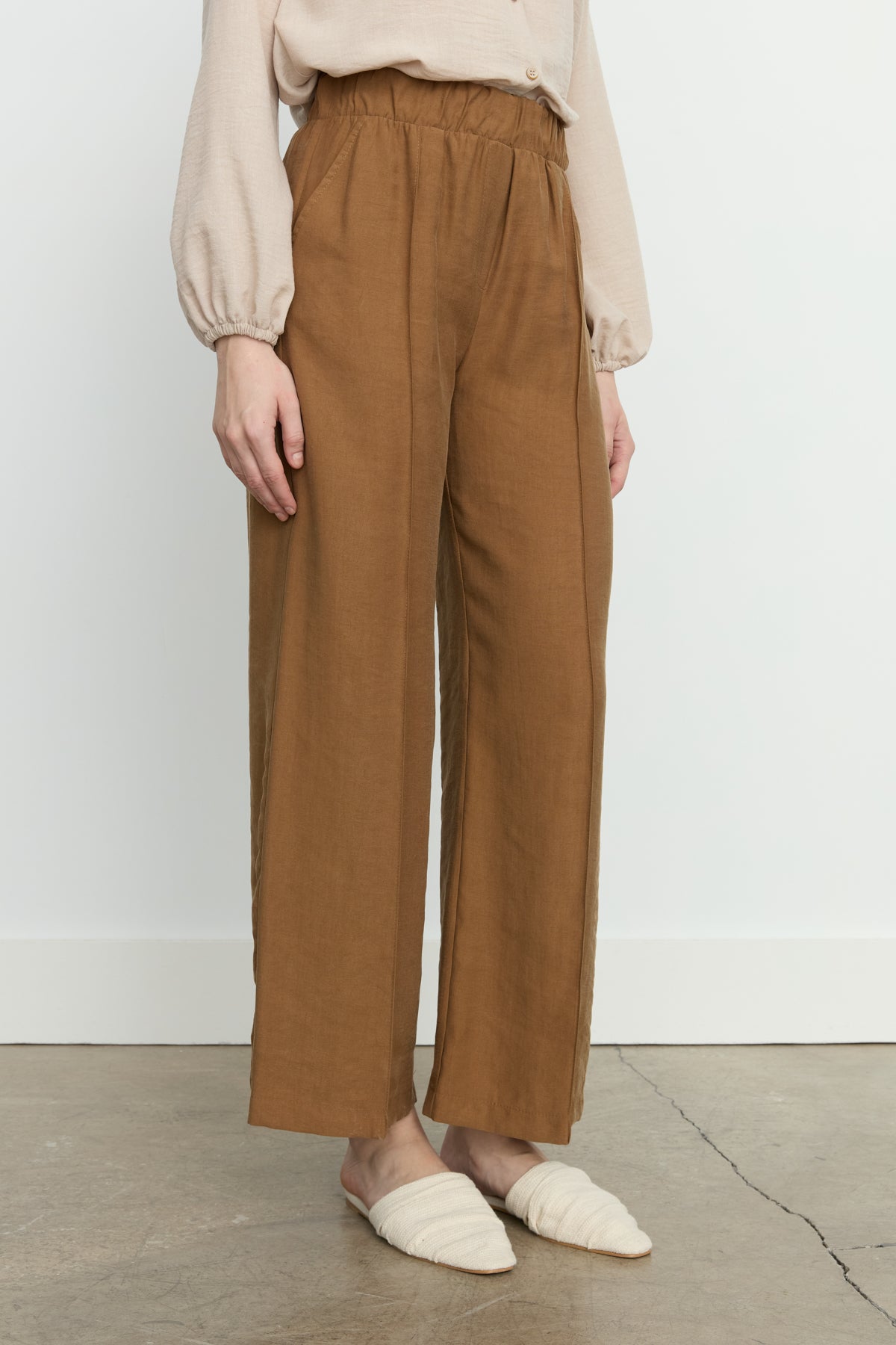 Ribbed Wide Leg Tencel Trousers - Light Brown