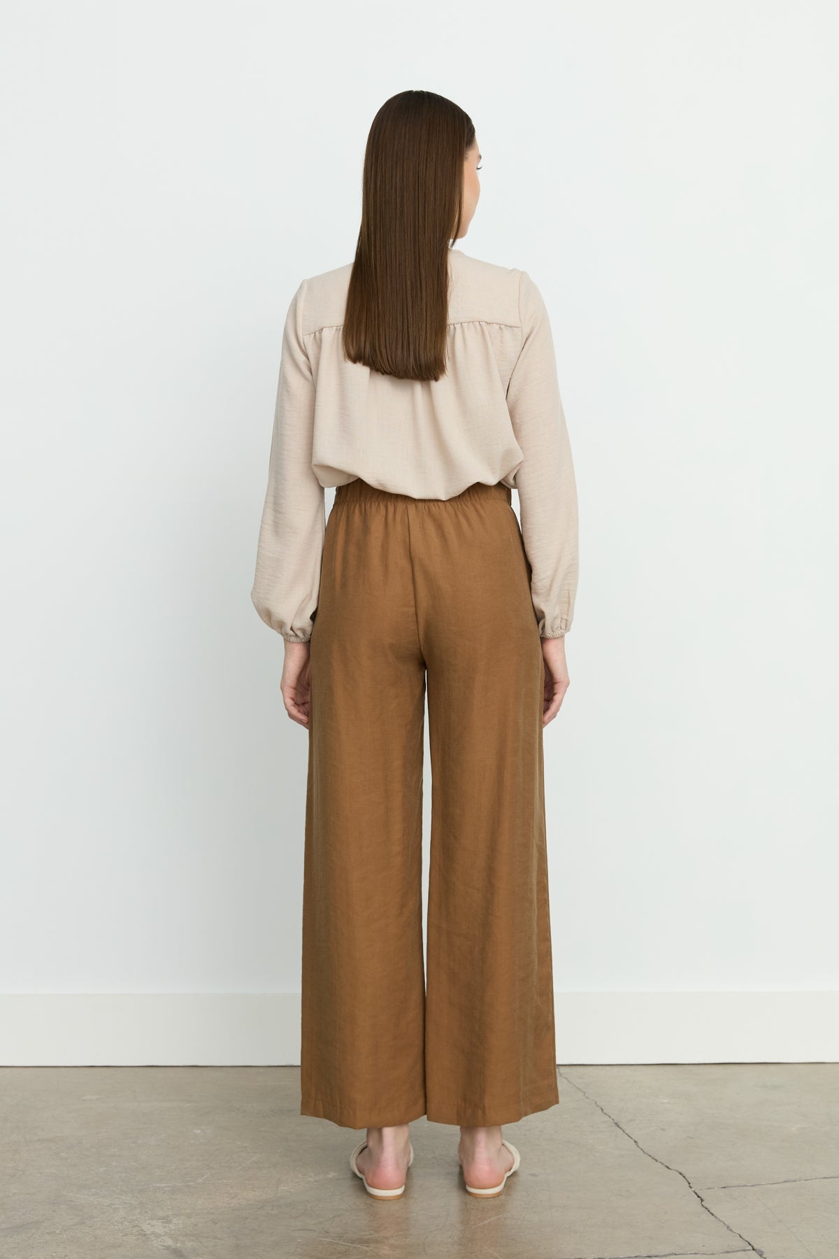 Ribbed Wide Leg Tencel Trousers - Light Brown