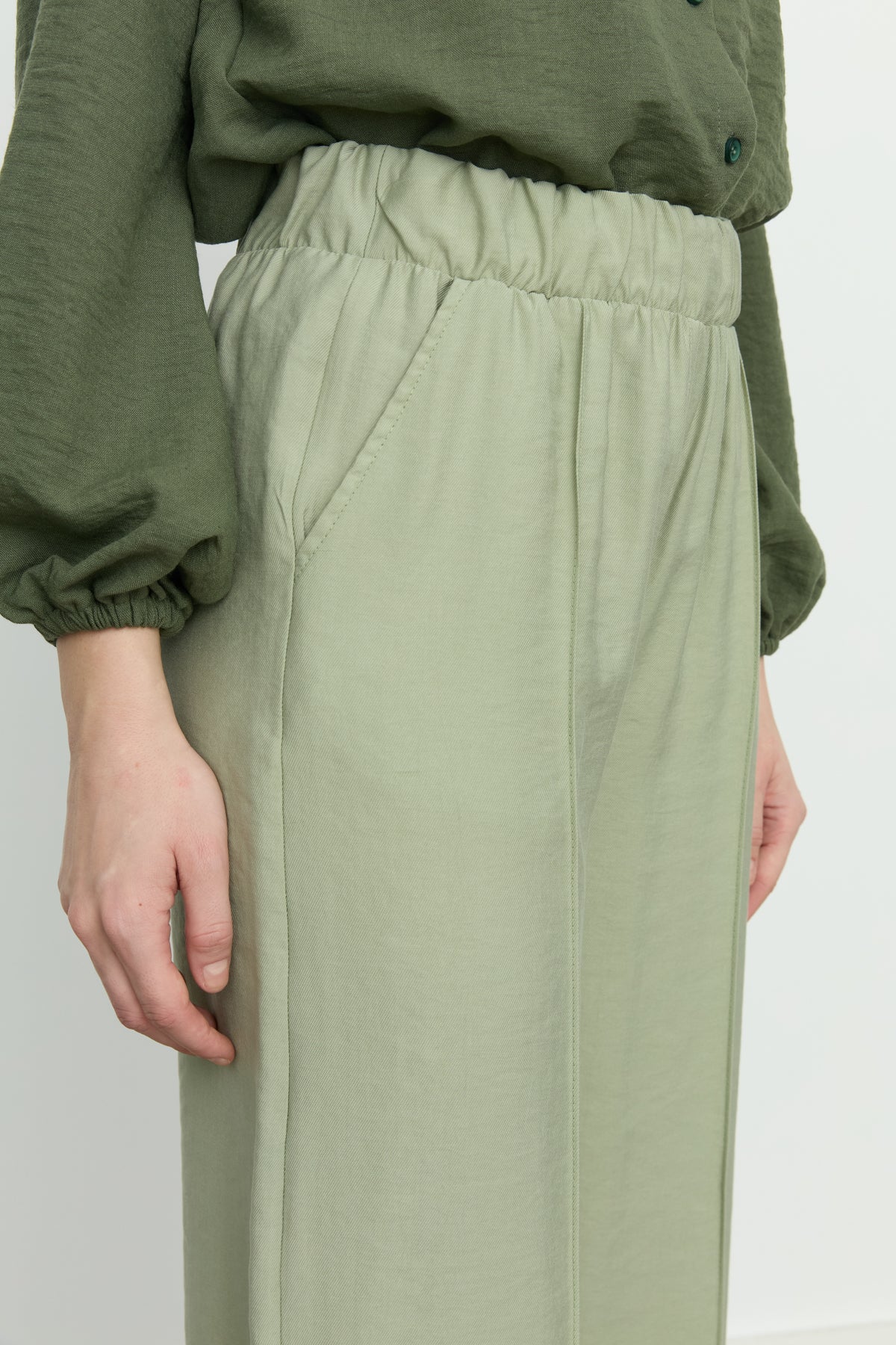 Ribbed Wide Leg Tencel Trousers - Sage