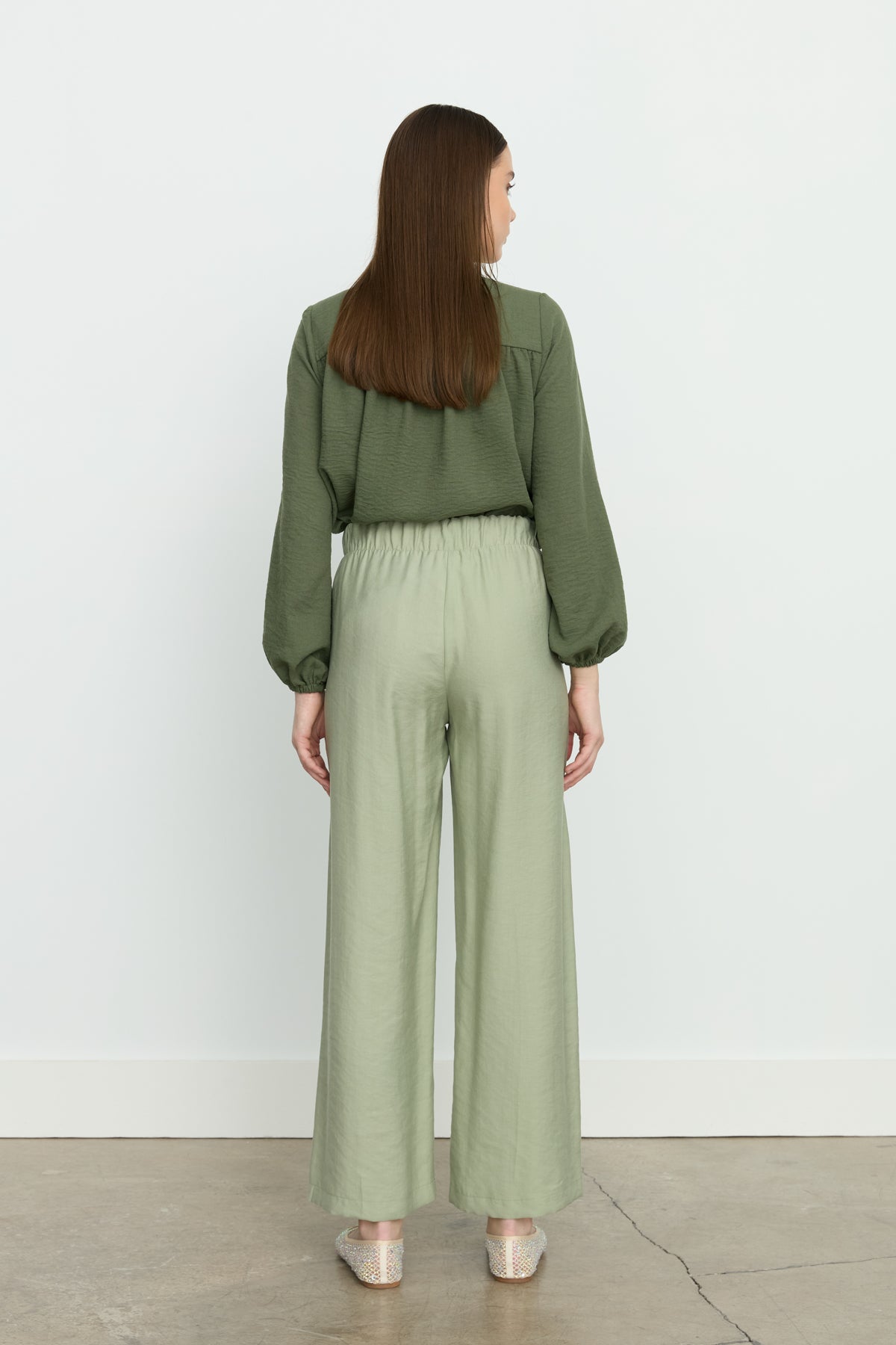 Ribbed Wide Leg Tencel Trousers - Sage