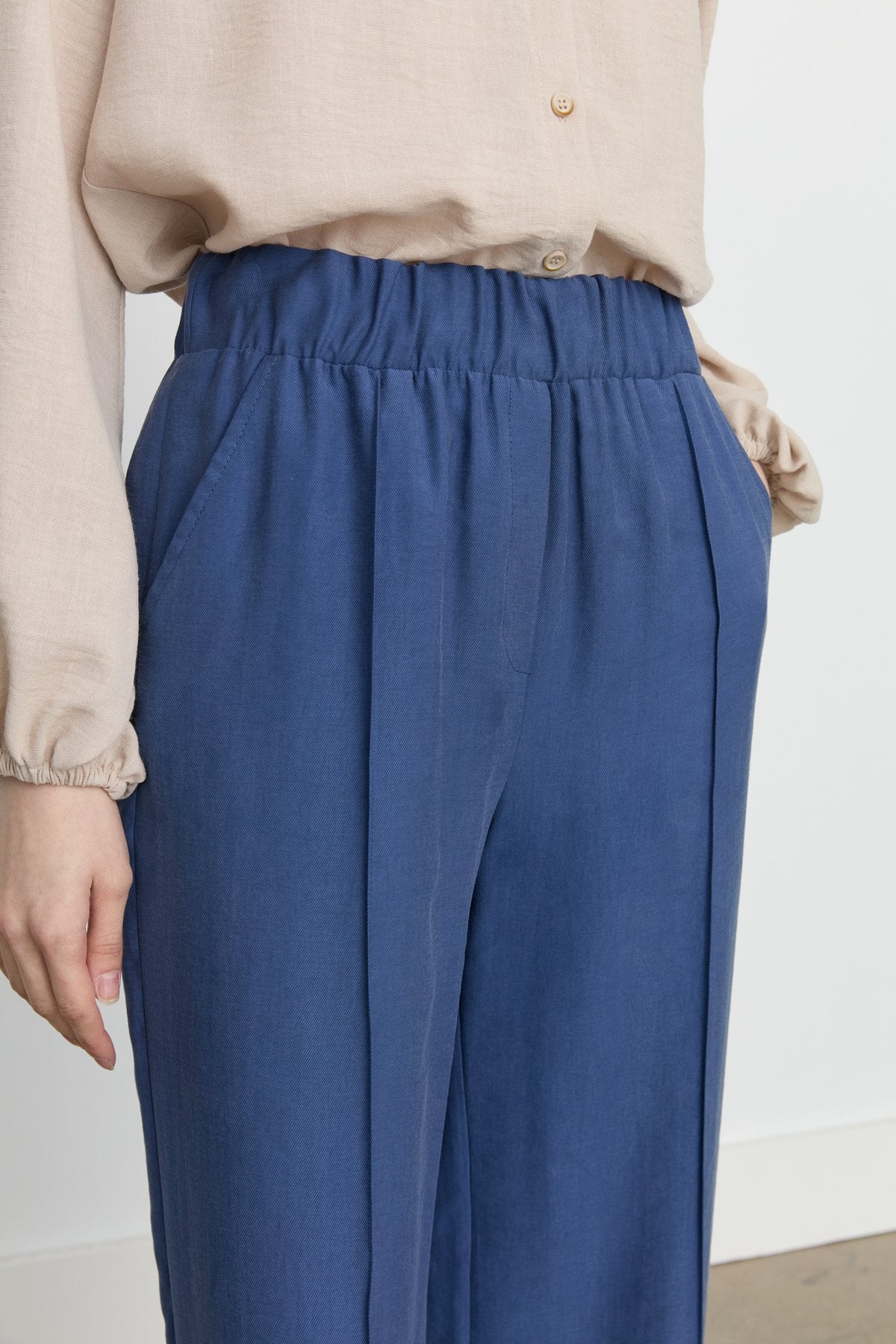 Nervür Detaylı Bol Paça Tencel Pantolon - İndigo