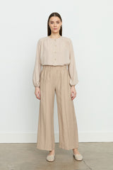 Ribbed Detail Wide-Leg Tencel Pants - Sand