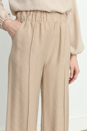 Ribbed Detail Wide-Leg Tencel Pants - Sand