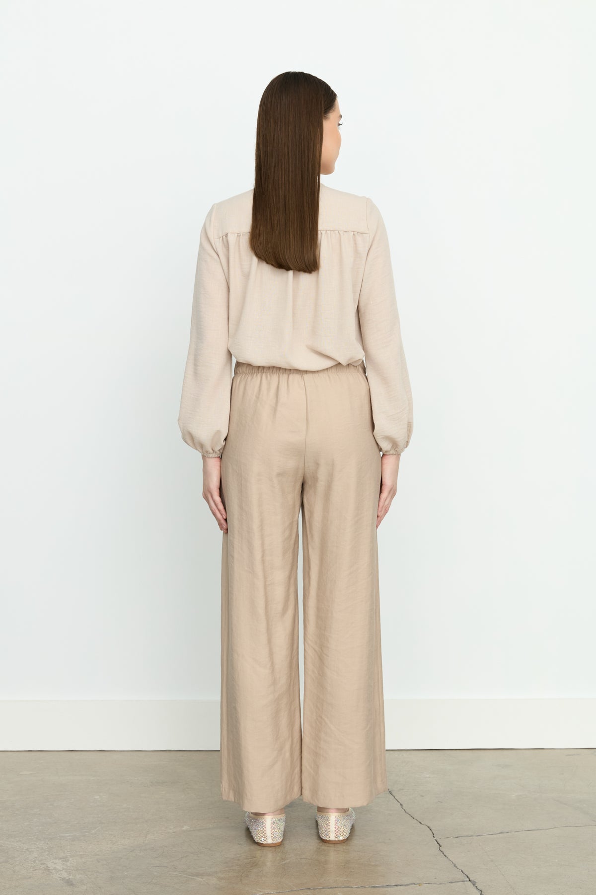Ribbed Detail Wide-Leg Tencel Pants - Sand
