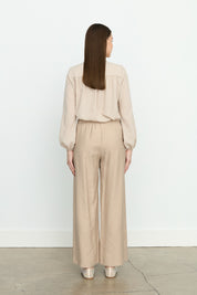 Ribbed Detail Wide-Leg Tencel Pants - Sand