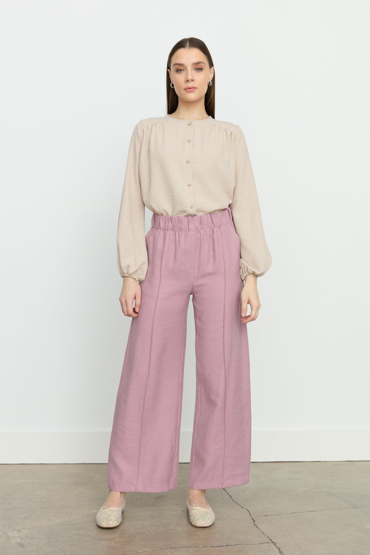 Nervür Detaylı Bol Paça Tencel Pantolon - Lavanta