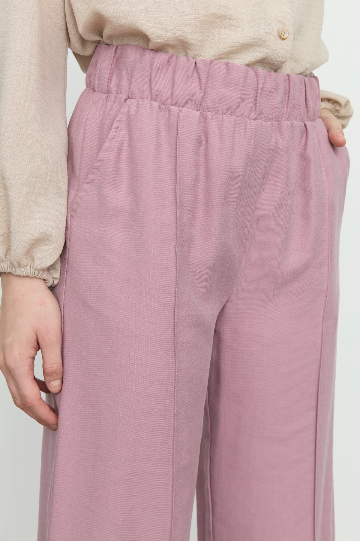 Nervür Detaylı Bol Paça Tencel Pantolon - Lavanta