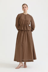 Ribbed Cotton Skirt Blouse Set - Coffee