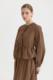 Ribbed Cotton Skirt Blouse Set - Coffee
