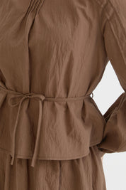 Ribbed Cotton Skirt Blouse Set - Coffee