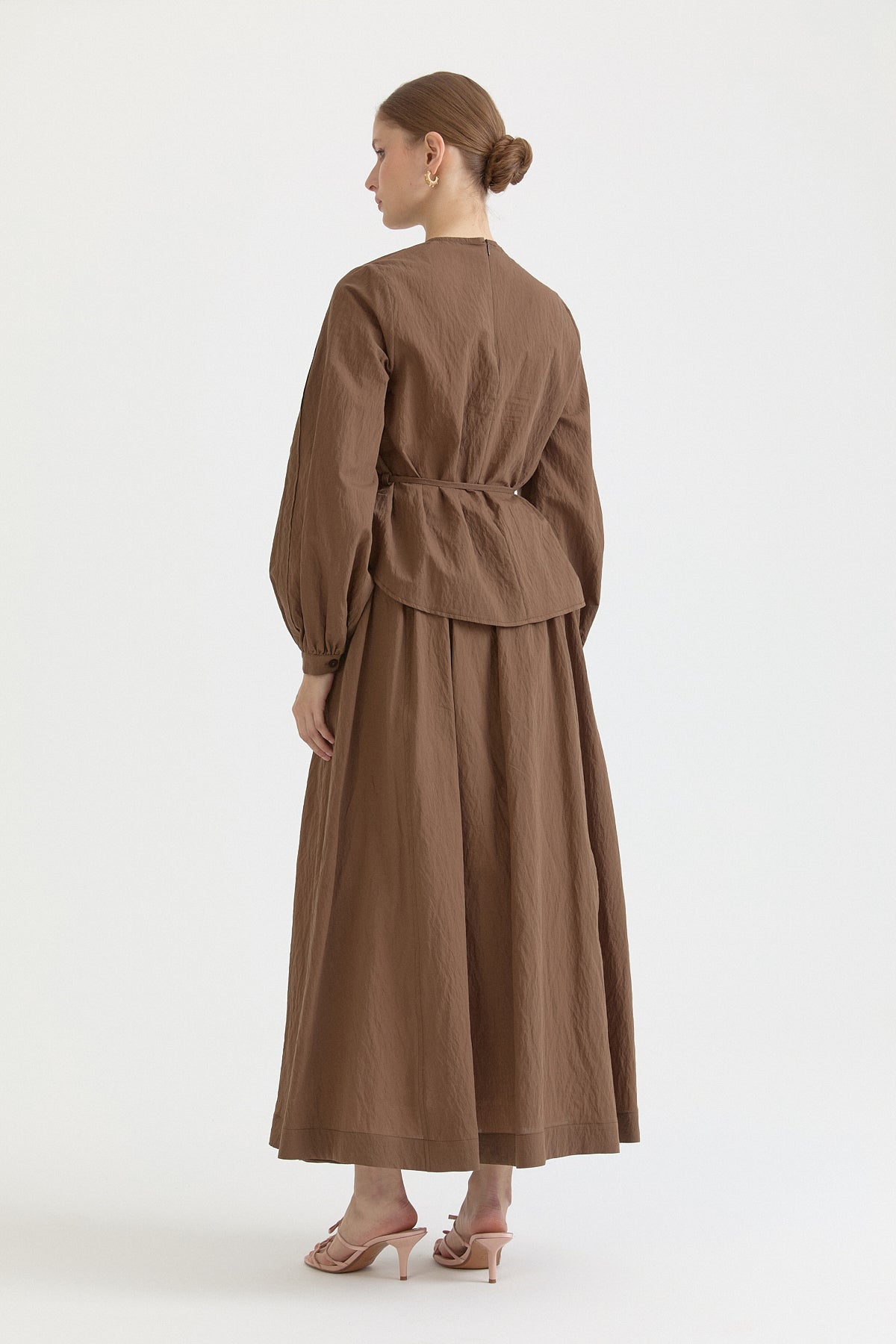 Ribbed Cotton Skirt Blouse Set - Coffee