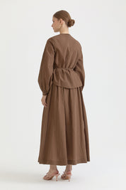 Ribbed Cotton Skirt Blouse Set - Coffee