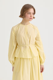 Ribbed Cotton Skirt Blouse Set - Yellow