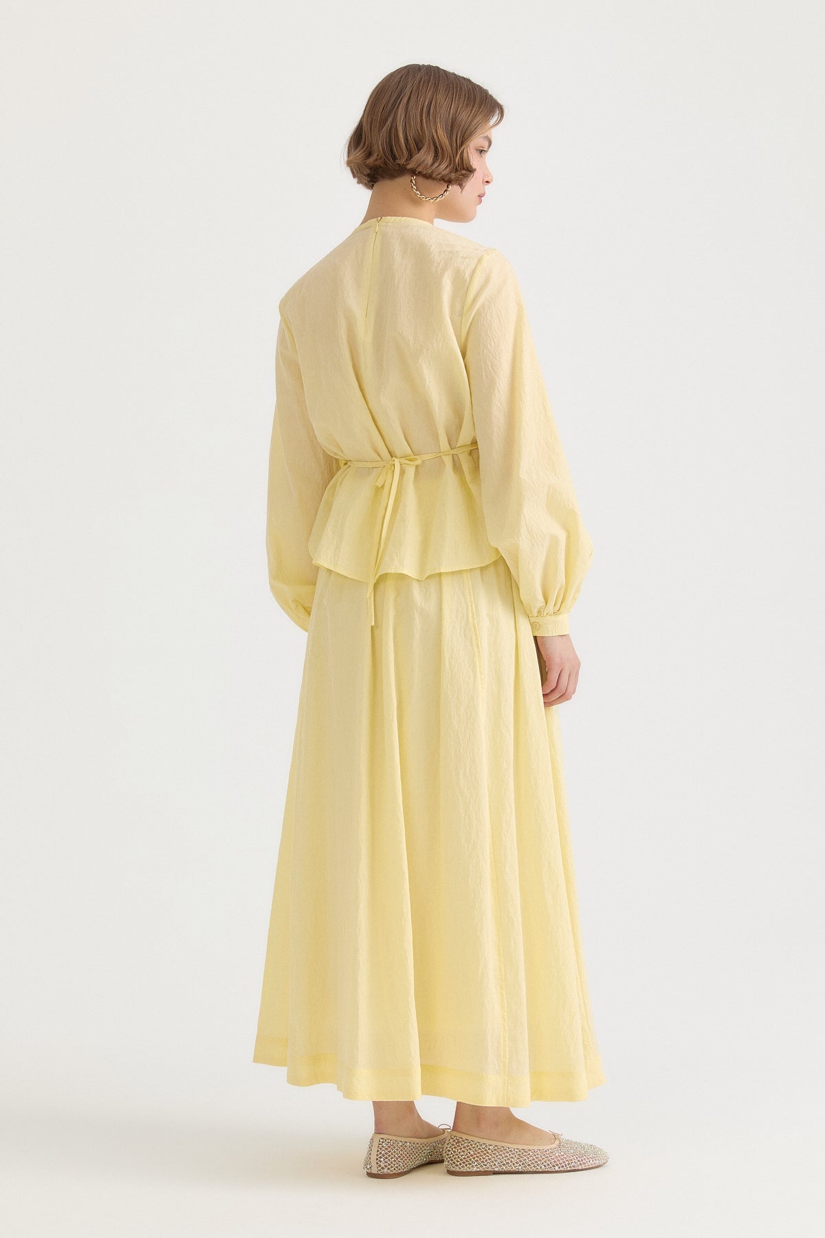 Ribbed Cotton Skirt Blouse Set - Yellow