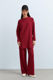 Omuzları Çıt Çıt Detaylı Pantolon Tunik Takım - Bordo
