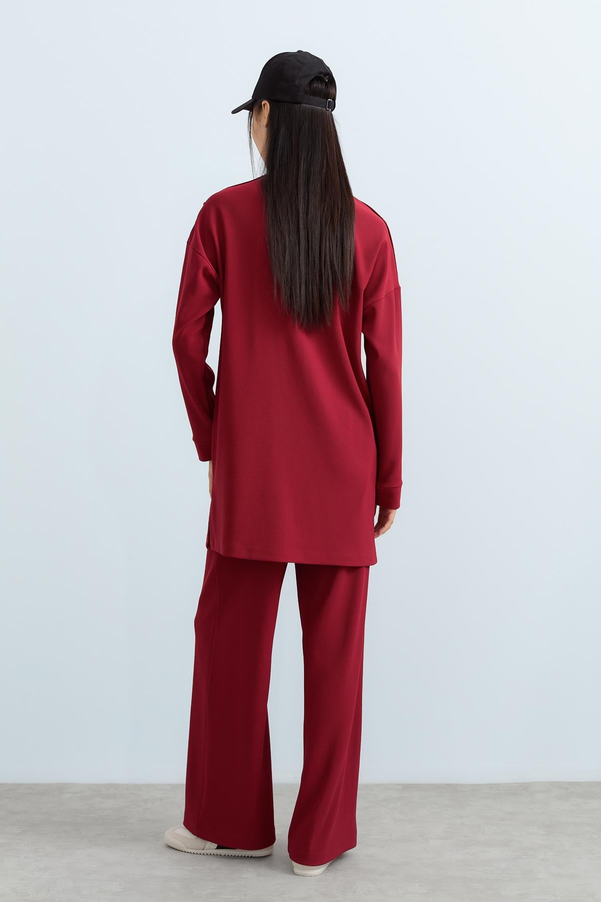 Pants and Tunic Set with Snap Button Detail on Shoulders - Burgundy