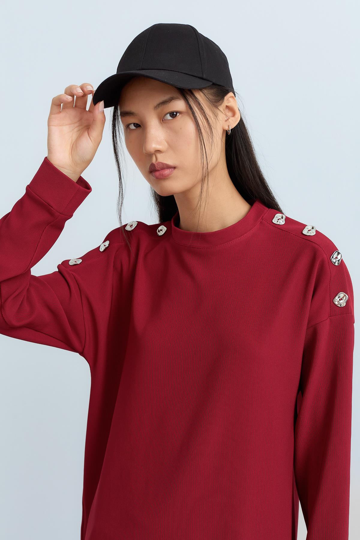 Pants and Tunic Set with Snap Button Detail on Shoulders - Burgundy