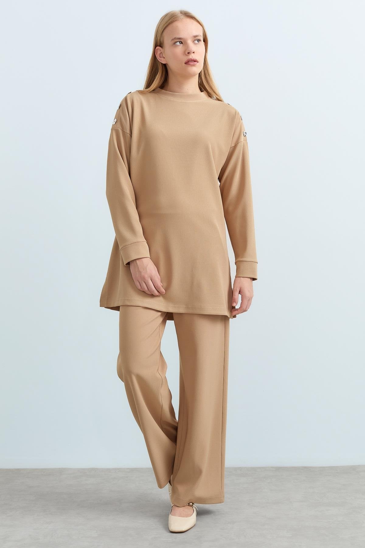 Tunic and Pants Set with Snap Button Detail on Shoulders - Camel