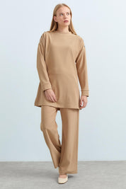Tunic and Pants Set with Snap Button Detail on Shoulders - Camel