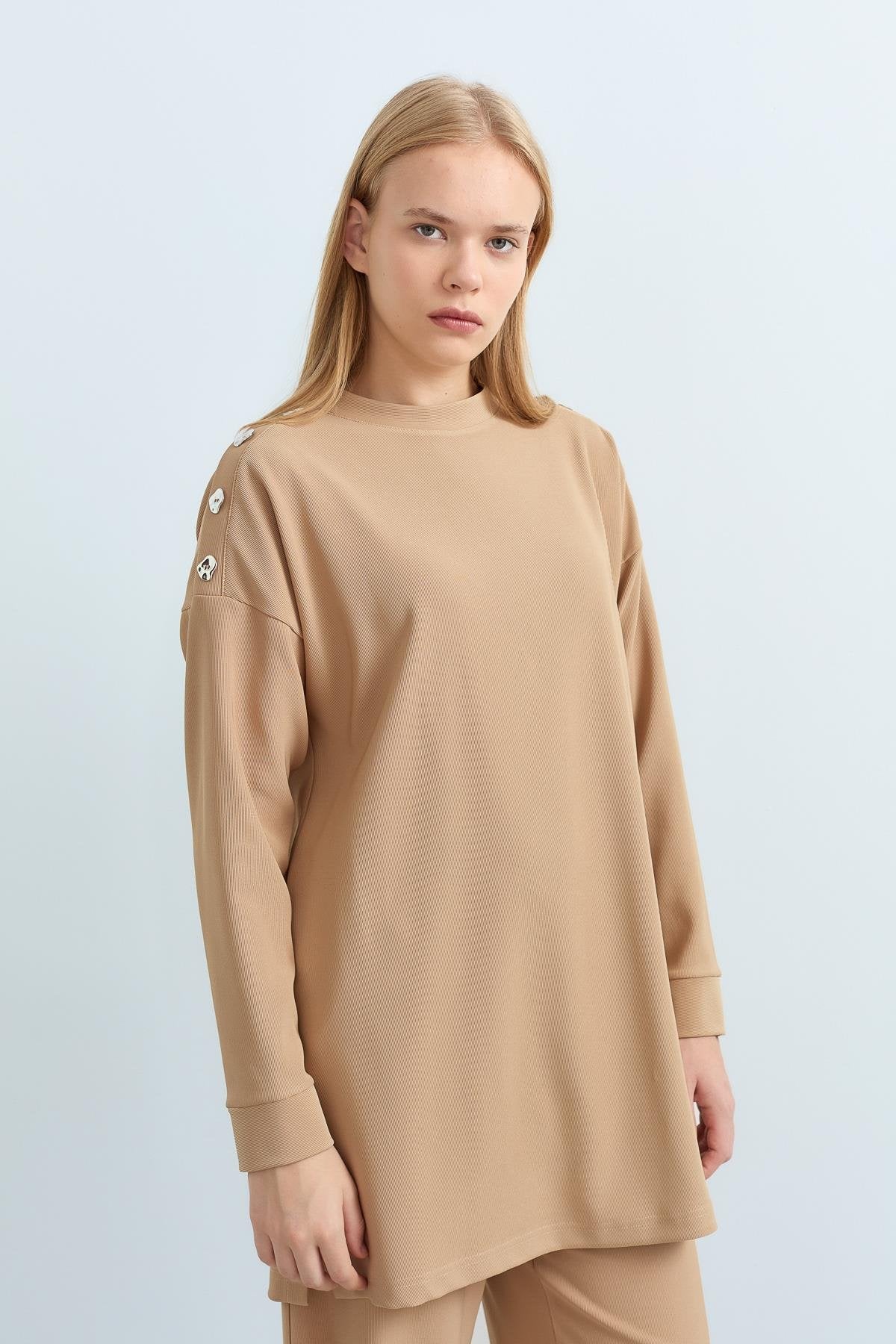 Tunic and Pants Set with Snap Button Detail on Shoulders - Camel