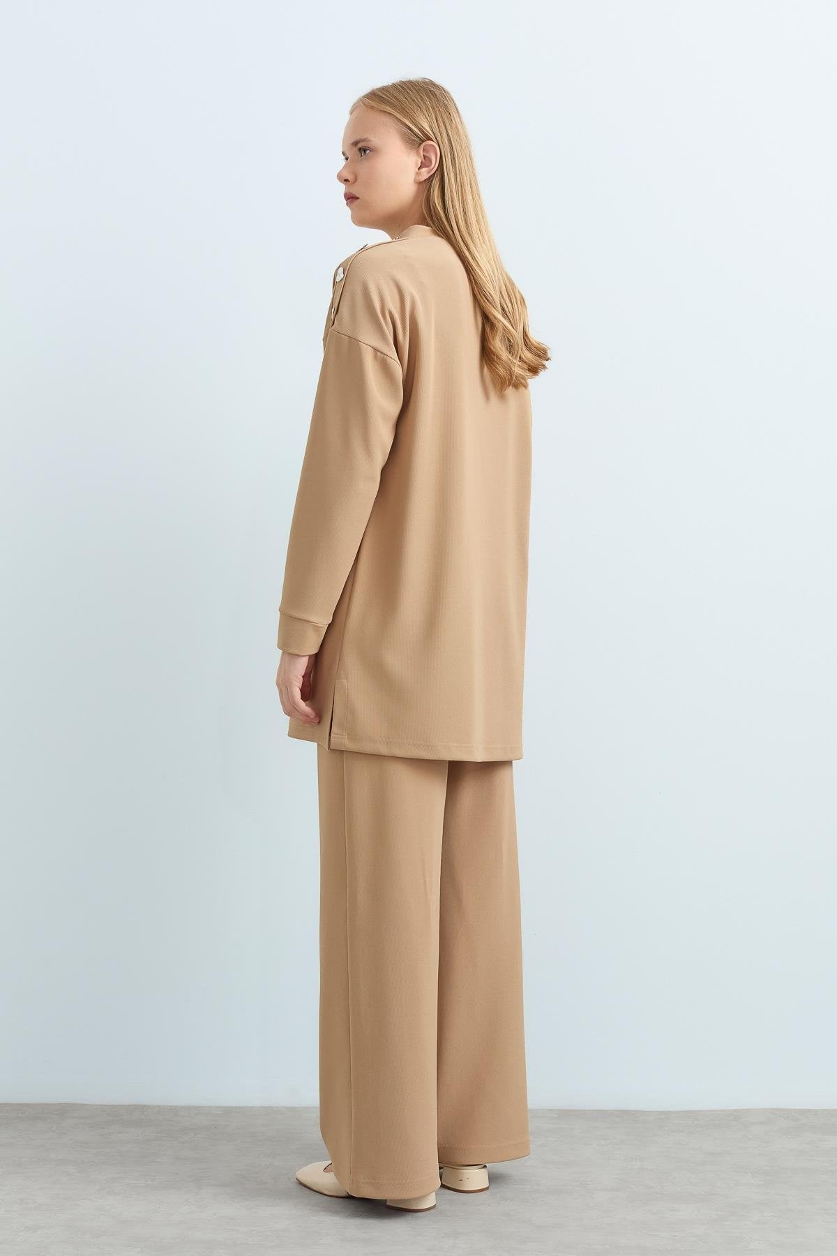 Tunic and Pants Set with Snap Button Detail on Shoulders - Camel