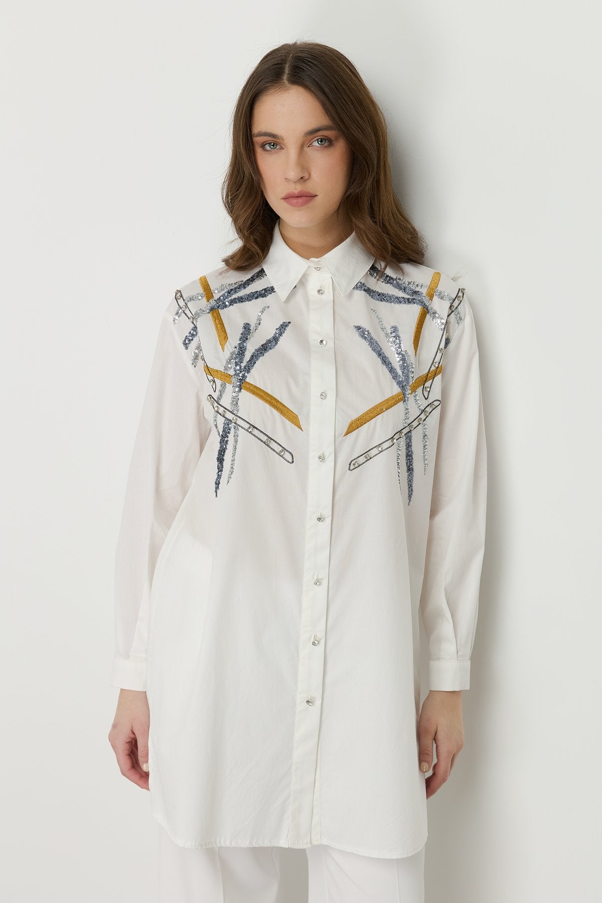 Embroidered Shoulder Poplin Cotton Tunic - White