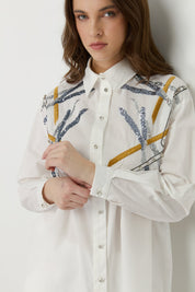 Embroidered Shoulder Poplin Cotton Tunic - White