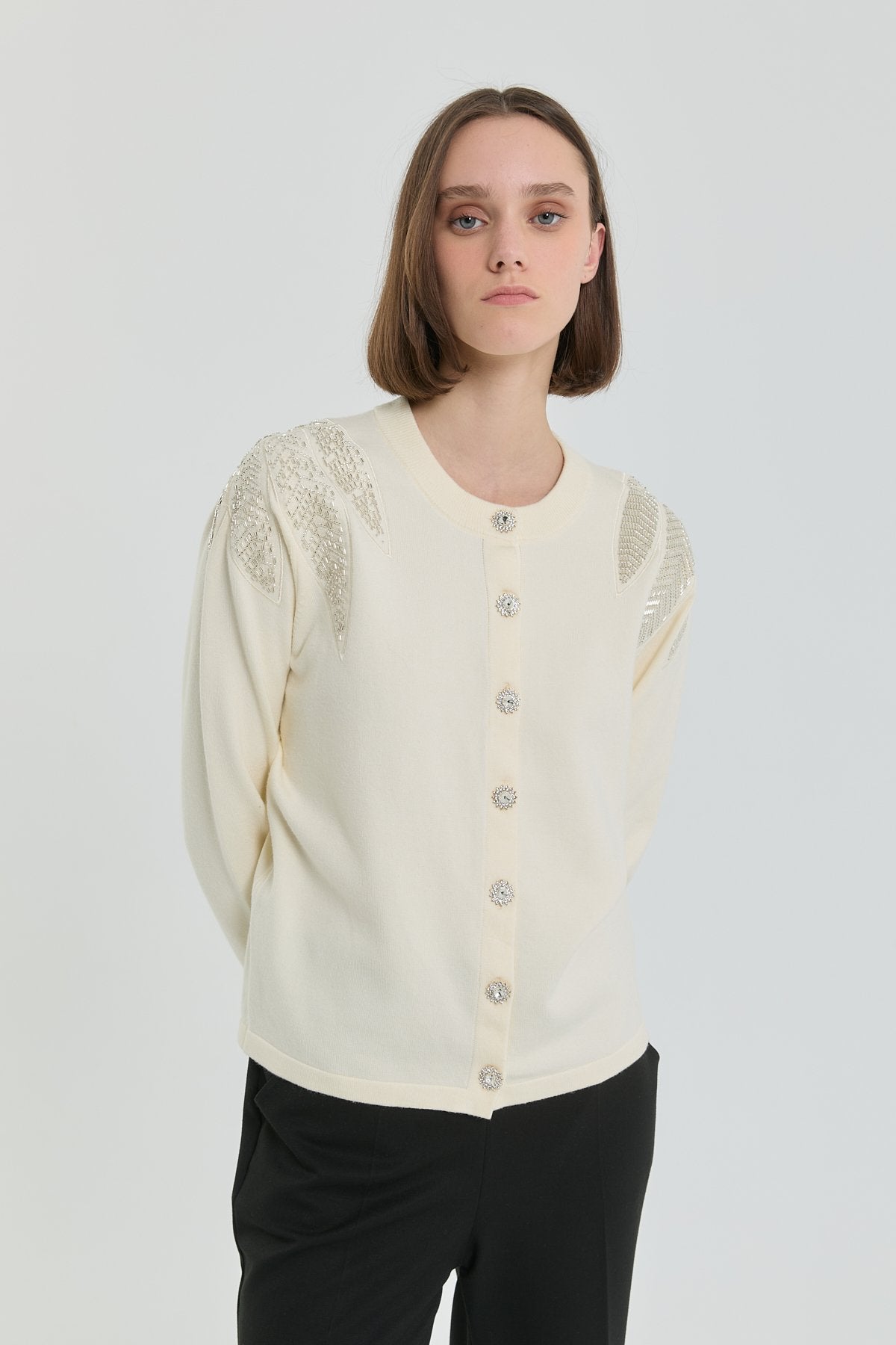 Shoulder Embellished Short Knit Cardigan - Ecru