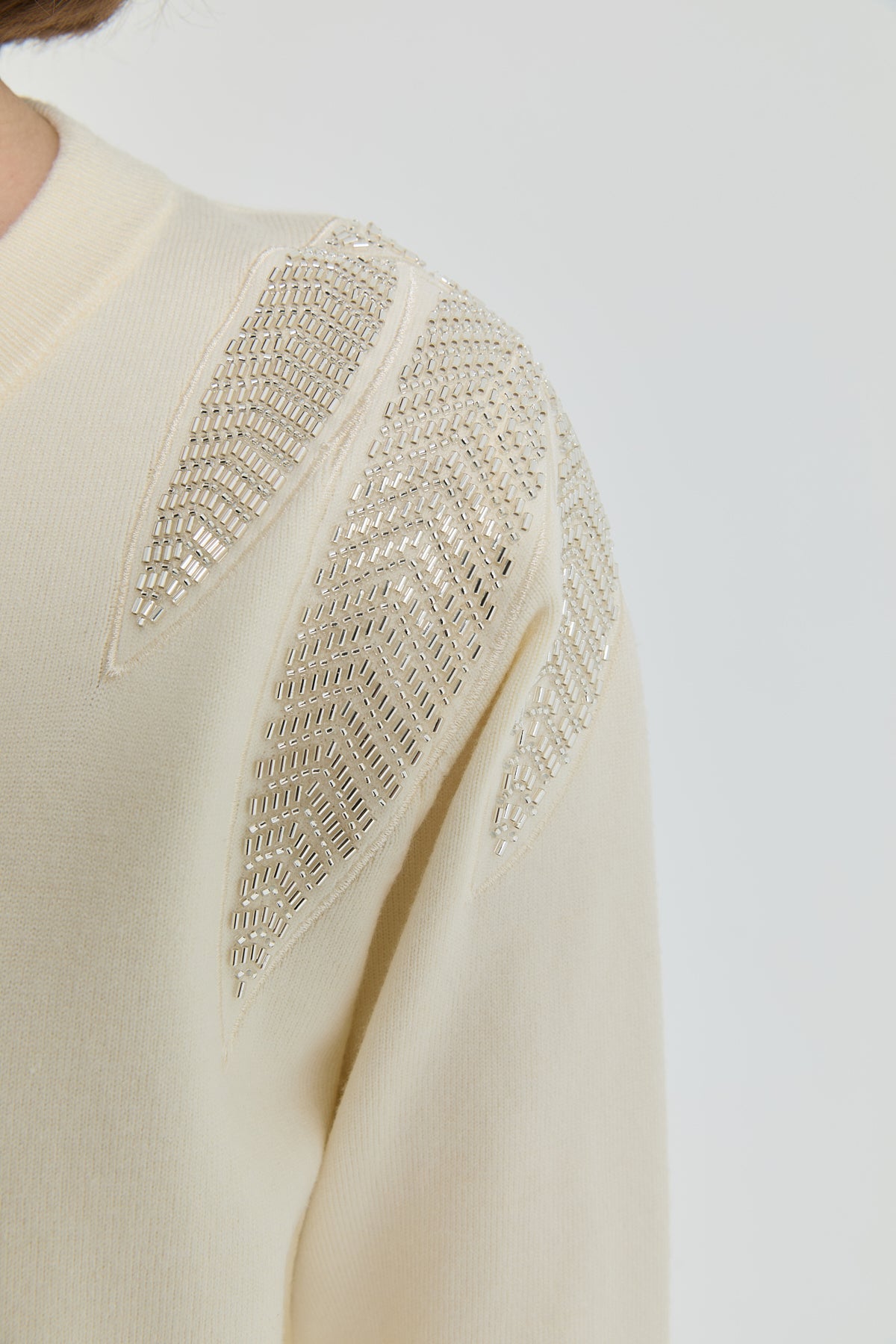 Shoulder Embellished Short Knit Cardigan - Ecru