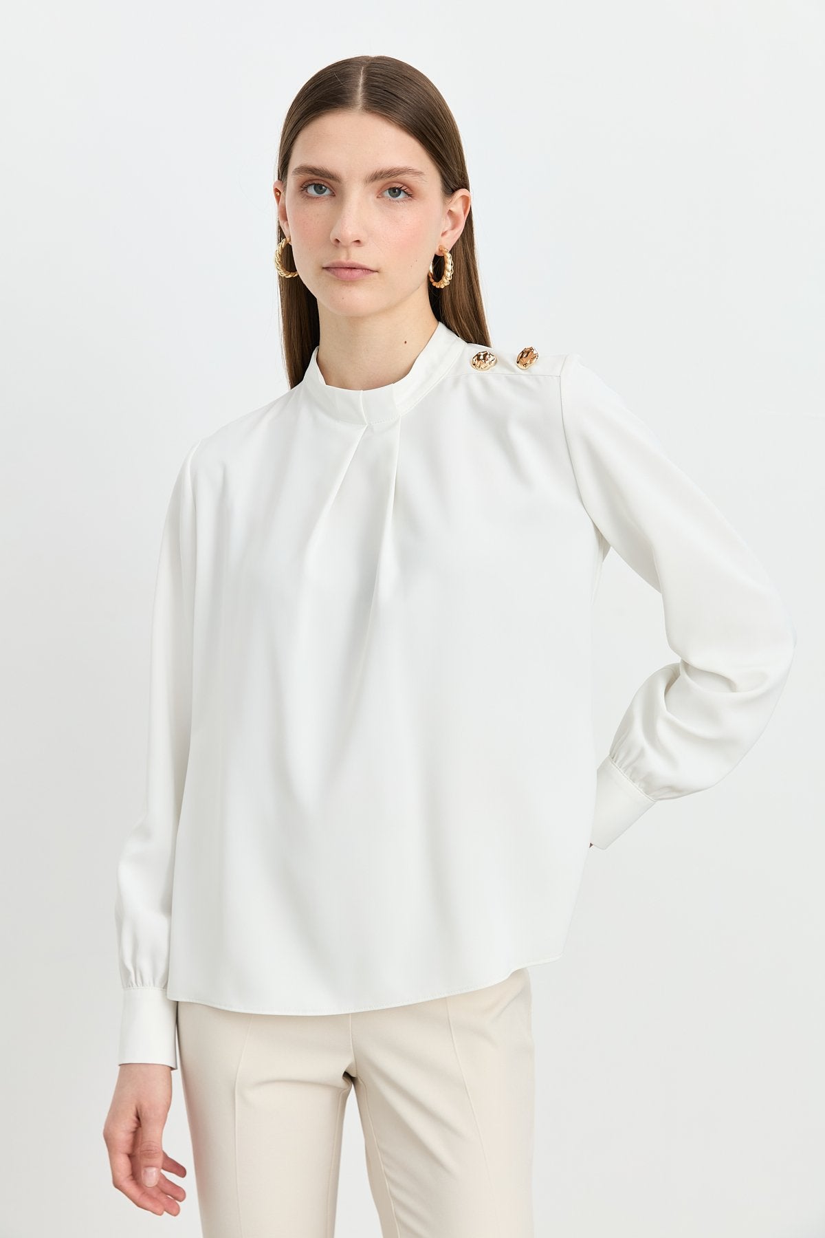 Stylish Blouse with Shoulder Buttons - Ecru
