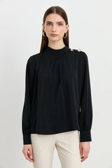 Elegant Blouse with Buttoned Shoulders - Black