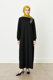 Embroidered Shoulder Knit Dress - Black