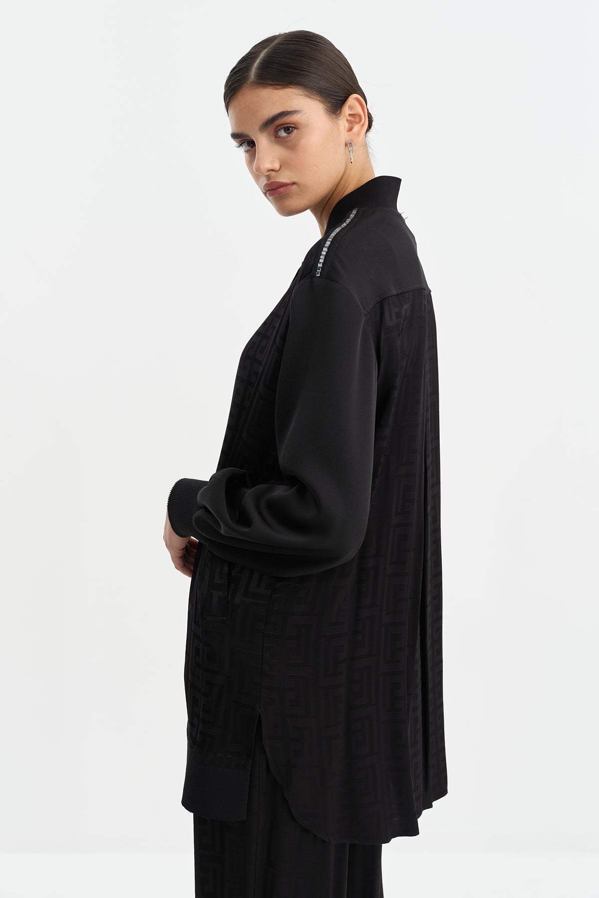Shoulder Stone Jacquard Trouser Tunic Set - Black