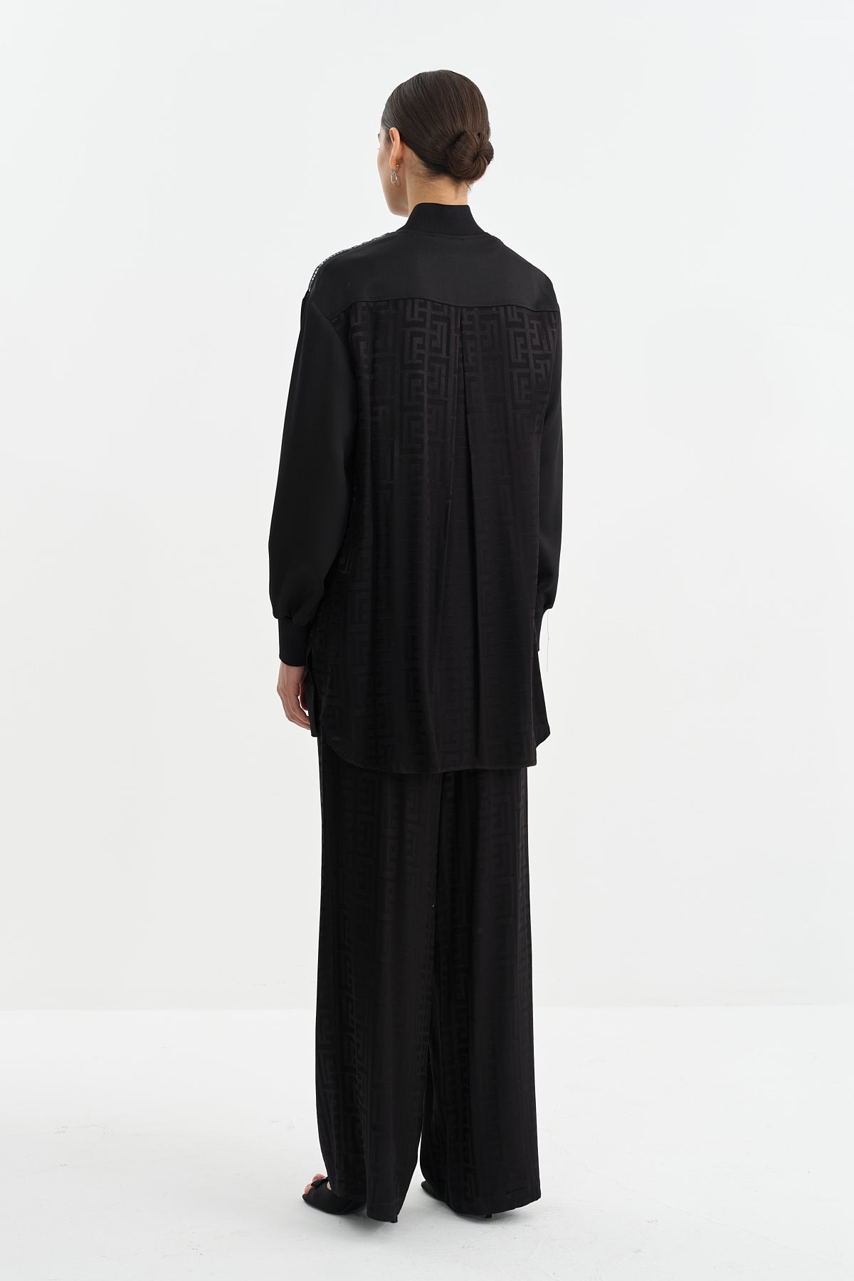 Shoulder Stone Jacquard Trouser Tunic Set - Black